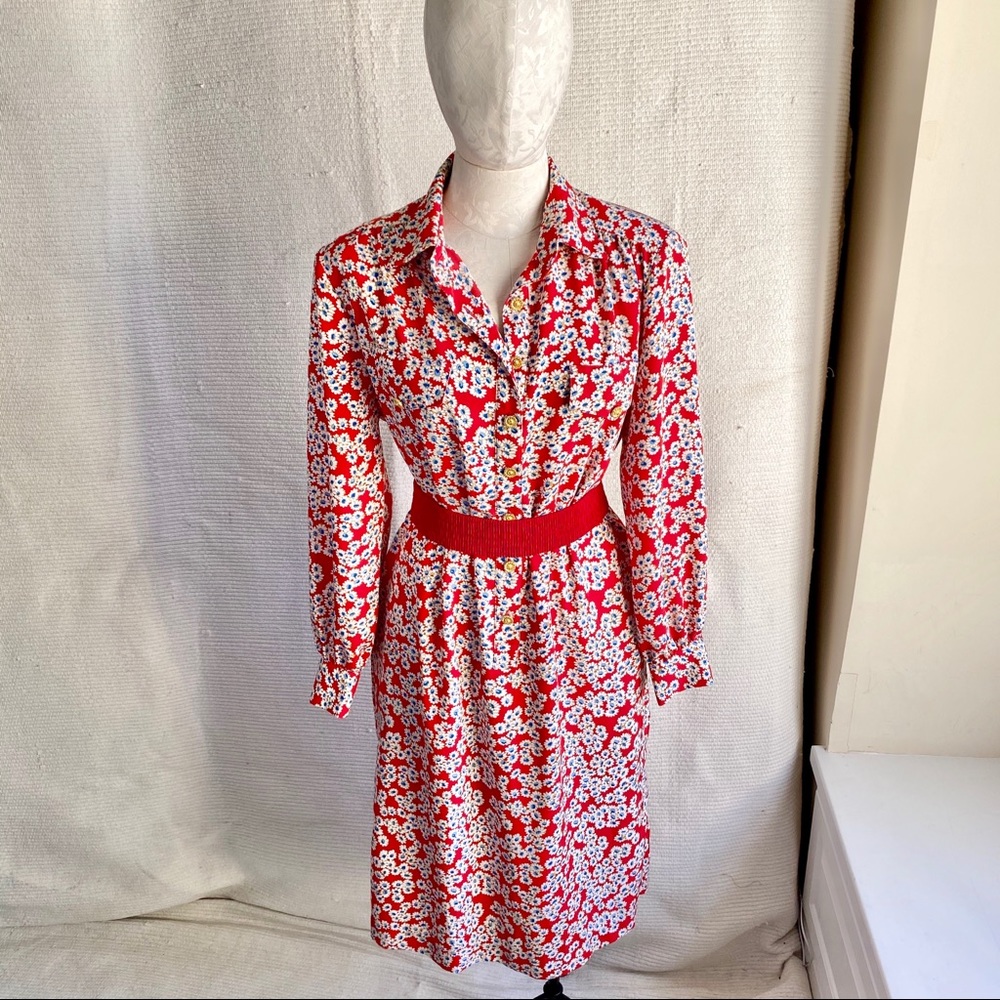 Vintage 90s S/M Daisy Print Secretary Dress Red July 4th - Picture 6 of 8